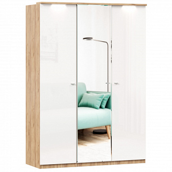 Фиджи Шкаф трехстворчатый с зеркалом (Дуб Золотой/Белый) Фиджи Шкаф трехстворчатый с зеркалом (Дуб Золотой/Белый)