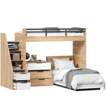 Урбан Кровать-чердак с кроватью односпальной и комодом (правая Дуб Золотой/Белый)