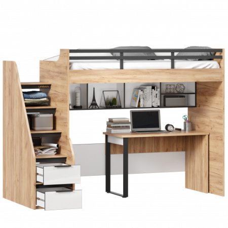 Урбан Кровать-чердак со столом письменным и полкой (правая Дуб Золотой/Белый)