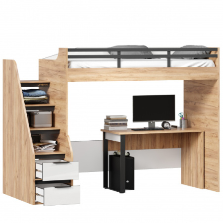 Урбан Кровать-чердак со столом письменным (правая Дуб Золотой/Белый)