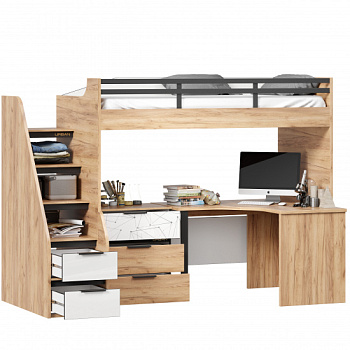 Урбан Кровать-чердак со столом письменным угловым с комодом (правая Дуб Золотой/Белый) Урбан Кровать-чердак со столом письменным угловым с комодом (правая Дуб Золотой/Белый)