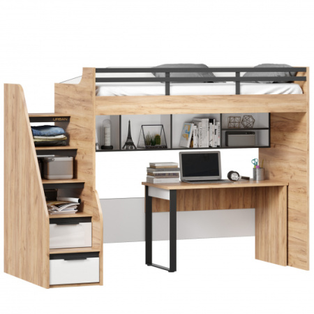 Урбан Кровать-чердак со столом письменным и полкой (правая Дуб Золотой/Белый)