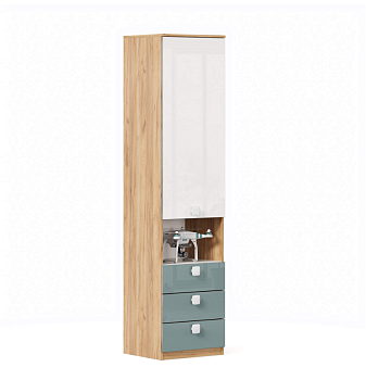 Агата Стеллаж с ящиками (Дуб Золотой/Белый/Сумеречный голубой)