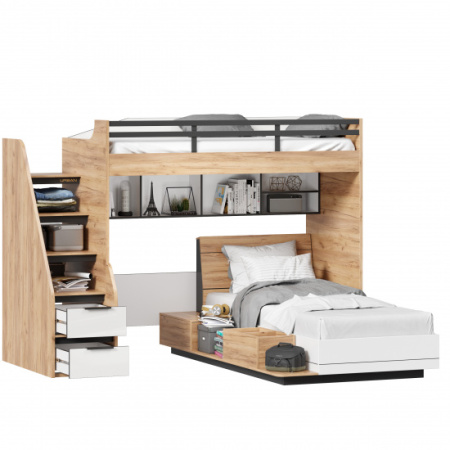 Урбан Кровать-чердак, кровать односпальная с тумбой приставной и полкой (правая Дуб Золотой/Белый)