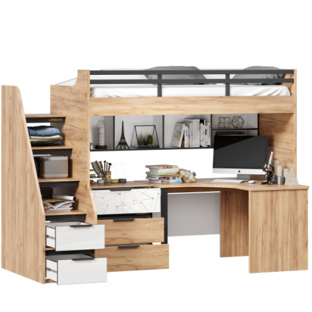 Урбан Кровать-чердак со столом письменным угловым с комодом и полкой (правая Дуб Золотой/Белый)