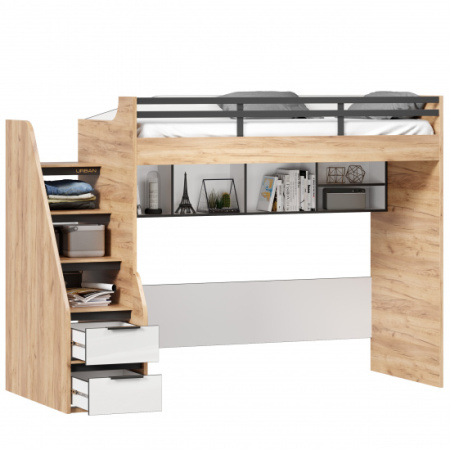 Урбан Кровать-чердак с полкой (правая Дуб Золотой/Белый)