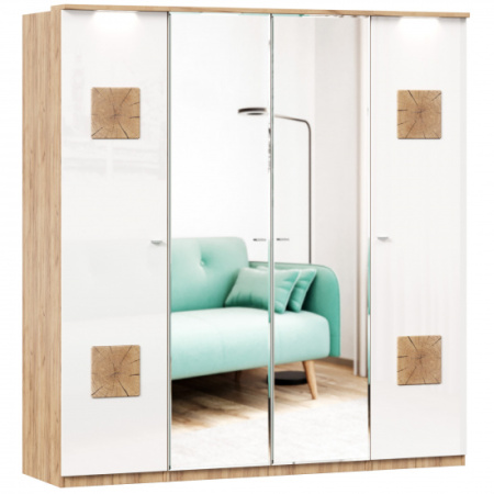 Фиджи Шкаф четырехстворчатый с 2 зеркалами и декоративными накладками (Дуб Золотой/Белый)